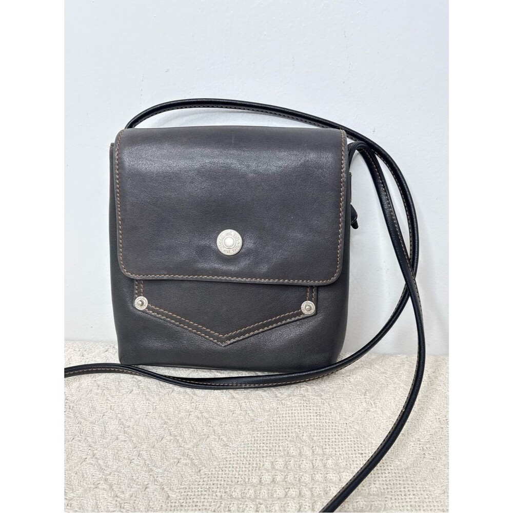 90s Vintage Liz Claiborne Leather Co Dark Gray Pocket Bag Flap Crossbody Purse